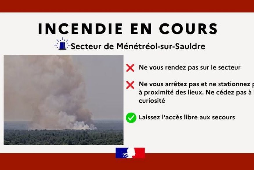 Un incendie en cours à Ménétréol-sur-Sauldre : les autorités appellent à éviter le secteur